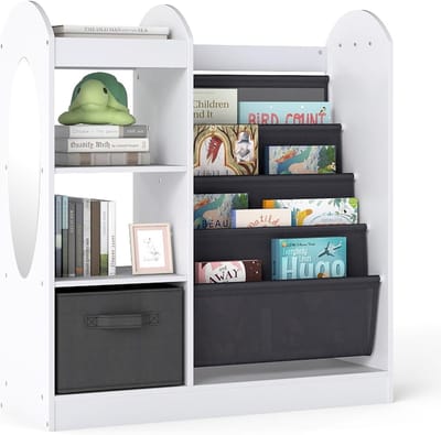 KOMFOTTEU Houten kinderboekenkast, speelgoedrek met 3 planken, boekenkast met 4 niveaus, verwijderbare stoffen lade en passpiegel, voor kinderkamer en speelkamer (wit)