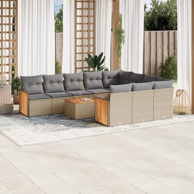 vidaXL - 11-delige - Tuinset - met - kussens - poly - rattan - beige
