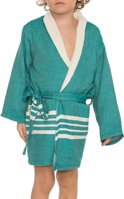 Hamam Kinderbadjas Petrol - 8-9 jaar - jongens/meisjes/uniseks - badjas kind / kinderen - badjas kind badstof - zwembadjas - 8-9 jaar - jongens/meisjes/unisex pasvorm - comfortabele sjaalkraag - kinder badjassen - kinder badjas badstof
