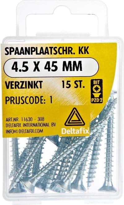 Houtschroeven. 4.5 x 45 mm. Lang. Platkop. Kruiskop. Verzinkt. 15 Stuks Spaanplaatschroeven.Deltafix.