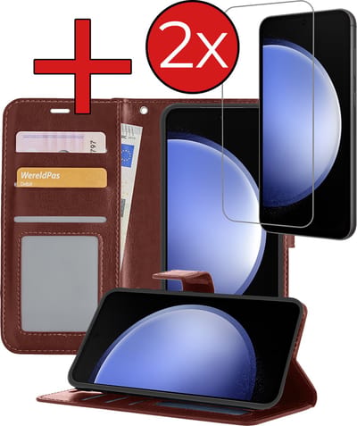 Hoesje - Met 2x Screenprotector - Geschikt voor Samsung Galaxy S23 FE - Luxe Pasjeshouder - Flip Case - Bookcase Portemonee - Kunstleer Book Case - Flipcase Hoes - Book Cover - Walletcase - Portemonneehoes - Telefoonhoes - Bruin