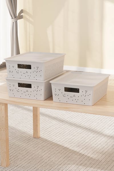 Tobeyz Opbergdozen 12L – Kunststof Opbergbox | Set van 3 | Optimale Ventilatie | Modulair Stapelbaar Systeem | Geïntegreerde Handgrepen | BPA-vrij Gerecycled Plastic | 30×40×14 cm | Wit