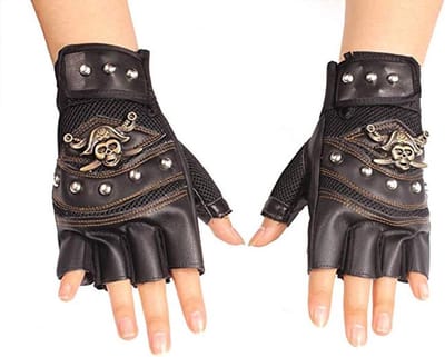 Punk Half Finger Handschoenen van Leer met Nieten voor Motor en Buitenactiviteiten - Zwart, Unisex, One Size