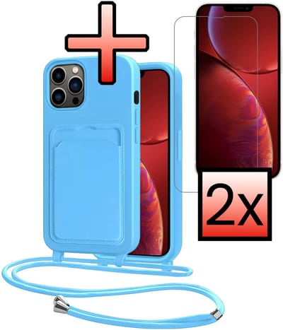 Hoes Geschikt voor iPhone 13 Pro Hoesje Pasjeshouder Cover Met Koord Case Siliconen Hoes Met Telefoonkoord en Kaarthouder Met 2x Screenprotector - Lichtblauw