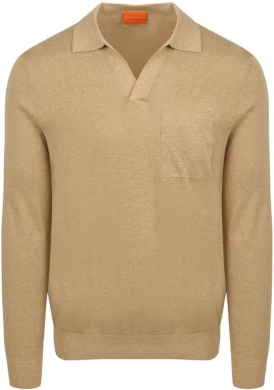 Suitable Longsleeve Knitted Poloshirt Riva Pocket Sand - Maat M - Heren - Pullover - Polo shirt Heren met Lange mouwen