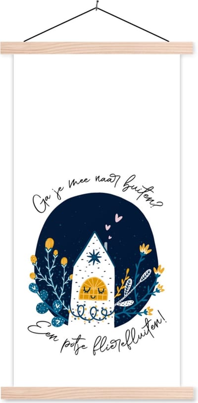 Posterhanger incl. Poster 60x120 cm - Schoolplaat - Ga je mee naar buiten? - Quotes - Spreuken - Textielposter - Blanke latten
