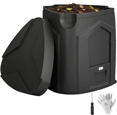 Compostbak - Tuincompostbak - Compostvat - 240 L - 22 Ventilatiegaten - Driehoekige Compostbak met 3 Deuren - Groenafval - Compost - Compostbakje - Composter - Afval & Recycling - Afvalbak - Tuin - voor Buiten - Zwart