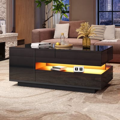 DESMIU Salontafel Met Hefblad, LED Verlichting, Lades En Kastje, Voor Woonkamer, Zwart Hoogglans, 95 X 50 X 40 Cm