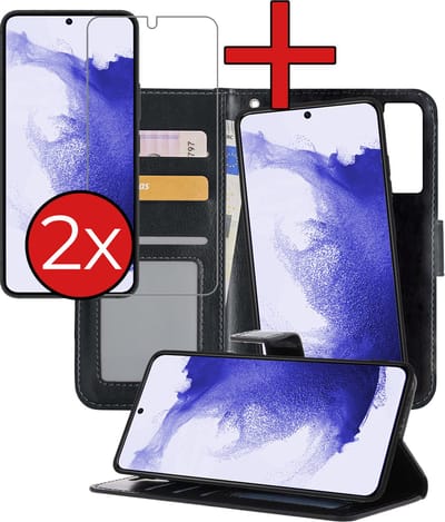 Hoesje - 2 in 1 - Geschikt voor Samsung Galaxy S22 - Met 2x Screenprotector - En Uitneembare Hard Cover - Kunstleer - Bookcase - Wallet Case - Met Pasjeshouder - Book Case - Uitneembaar - Pashouder - Kunstleer - Telefoonhoes - Zwart