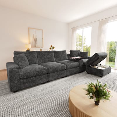 OKWISH Hoekbank 313 x 147 cm - Modulair Met Opbergruimte, Laadpoorten En Draaibare Tafel - Woonkamer - Chenille - Grijs