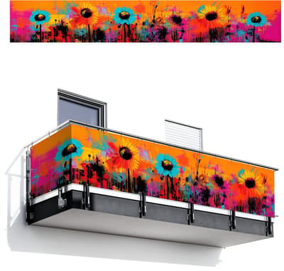 Balkonscherm 500x75 cm - Balkonposter Zonnebloemen - Abstract - Oranje - Balkon scherm decoratie - Balkonschermen - Balkondoek zonnescherm