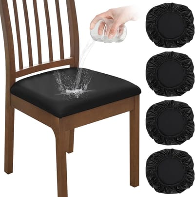 4 stuks eetkamerstoelhoezen - stoelbekleding zitting PU - bureaustoelovertrek, stretch, waterdichte en olieafstotende stoelhoezen, voor huishoudens, restaurants en hotels (zwart) | Cyslmuk®