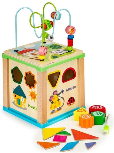 Ecotoys duurzame houten educatieve activiteiten kubus - Met bord om te schrijven - Educatief speelgoed - Montessori speelgoed - 18 x 18 x 33 cm