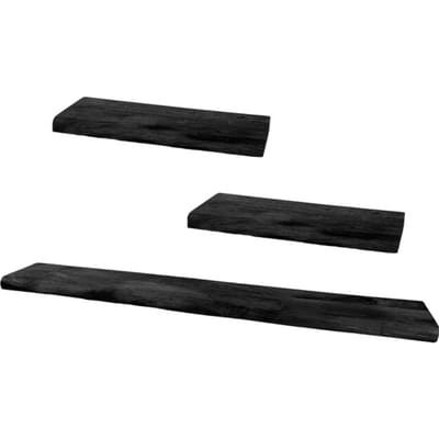 Wandplank Pure Zwart Mangohout - Set van 3 Groot - Zwevende Wandplanken met Natuurlijke Boomrand