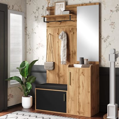 HAUSS SPOLE Halmeubel - Compacte Garderobe Met Spiegel En Gepolsterde Zitbank - Schoenenkast En Opbergkast Met Haken - Spaanplaat - 100x38x185 cm - Natuur/Zwart