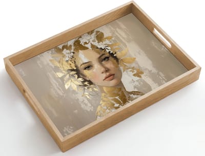 Dienblad hout 50x35 cm - Schootdienblad - Gezicht - Vrouw - Bladeren - Goud - Borrelplank rechthoek - Plateau dienbladen