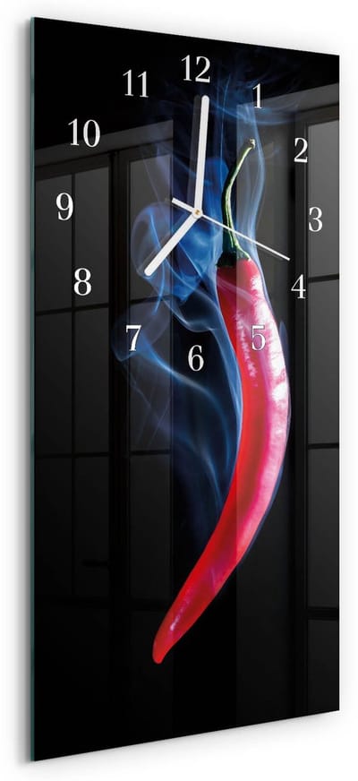Tulup Wandklok - Peper Decoratieve Glazen Klok - 30x60 cm - Veelkleurig Glazen Wandklok Design - Witte Handen - Rechthoekige Wandklok - Glazen Wandklok Design - Klok Glas Met Opdruk