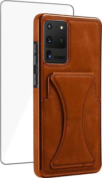 Geschikt voor Samsung S22+ Pasjes Houder Hoesje + Screenprotector – Gehard Glas Cover - Portemonnee Hoesje met Kickstand - Magnetisch - Bruin