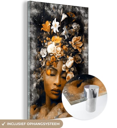 MuchoWow® Glasschilderij 40x60 cm - Schilderij acrylglas - Vrouwen - Goud - Bloemen - Foto op glas - Schilderijen