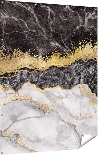 Gards Tuinposter Abstracte Kunst - Zwart met Witte Marmer - 120x160 cm - Tuindoek - Tuindecoratie - Wanddecoratie buiten - Tuinschilderij