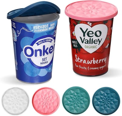 Dailygoods - 4 stuks siliconen deksels voor yoghurtbekers, meerweg deksel voor yoghurtbeker 500g, multifunctioneel siliconen deksel als onderzetter, hittebestendig deksel voor keuken en dagelijks gebruik