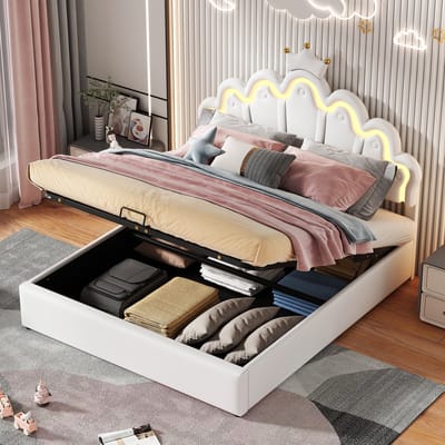 Sweiko 140*200cm Tweepersoonsbed, Kinderbed, Lief meisjesbed, Gestoffeerd bed, Prinsessenbed, Regelbare sfeerverlichting, Grote opbergruimte,Wit