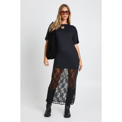 boohoo Dames Petite midaxi T-shirtjurk met kantdetail | Zwart | Maat: 34