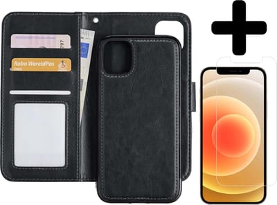 Hoesje - 2 in 1 - Geschikt voor Apple iPhone 12 - Met Screenprotector - En Uitneembare Hard Cover - Bookcase - Wallet Case - Met Pasjeshouder - Book Case - Uitneembaar - Pashouder - Kunstleer - Telefoonhoesjes - Zwart