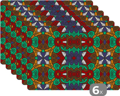 Placemat - Placemats kunststof - Afrika - Patronen - Abstract - Groen - 45x30 cm - 6 stuks - Hittebestendig - Anti-Slip - Onderlegger - Afneembaar