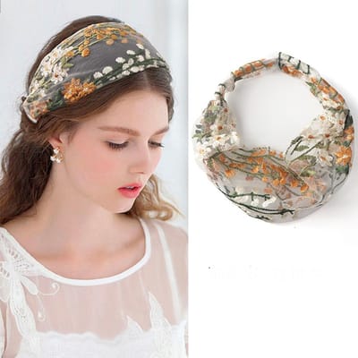 Bandeaux Ethniques Féminins Élastiques Broderie Dentelle Fleur Bandeau Chiffon Foulard pour Femmes Nœud Croisé Accessoires Cheveux beige