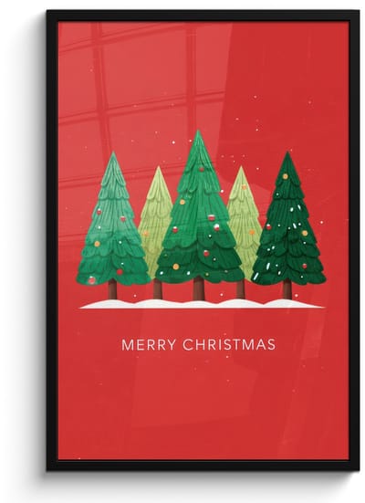Poster in lijst - Fotolijst 60x90 cm - Posters - Minimalistisch - Kerstbomen - Rood - Sneeuw - Posterlijst zwart - Decoratie - Wanddecoratie woonkamer - Muurdecoratie slaapkamer - Kerstversiering - Kerstdecoratie voor binnen - Kerstmis
