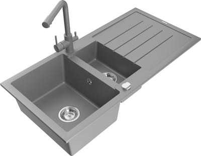 Mexen Andres granieten spoelbak 1,5-kamer met afdruiprek en keukenmengkraan Duero, grijs - 6515-71-671600-71