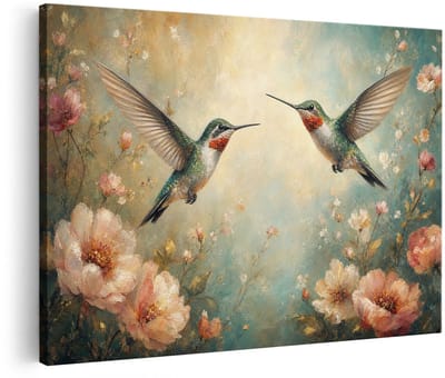 Artaza Canvas Schilderij Kolibries In Bloemen - Zachte Natuur - Abstract - 90x60 cm - Wanddecoratie Woonkamer - Schilderijen - Muurdecoratie