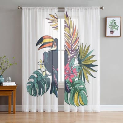 Tropisch Bloemen Strand Palmbladeren Tropische Bloemen Toekan Transparante Gordijnen Woonkamer Tule Raamgordijn Slaapkamer Keuken Gordijnen 135W x 114H(cm) white
