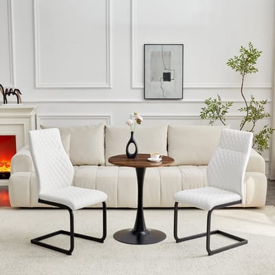 OKWISH Eethoekset 60 Cm - Ronde Tafel Met 2 Eetkamerstoelen - MDF, Metaal En PU-Leer - Walnoot, Wit En Zwart