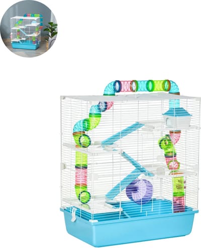Hamsterkooi - Cavia kooi - Rattenkooi - Huisje - 5 Niveaus - Verwijderbare Lade - Met Voederstation - Zaag - Loopplank - Hutten - Staal - 59 x 36 x 69 cm - Blauw+Wit
