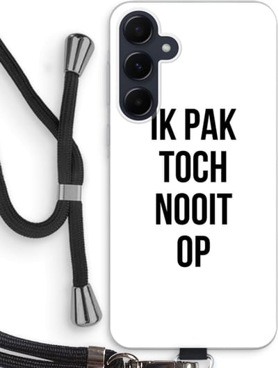 Case Company® - Hoesje met koord geschikt voor Samsung Galaxy A55 hoesje met Koord - Ik pak nooit op - Telefoonhoesje met Zwart Koord - Bescherming aan alle Kanten en Over de Schermrand