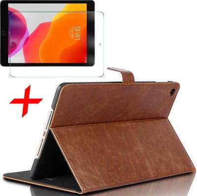 Hoes + Screenprotector geschikt voor iPad 2020 / 2019 10.2 inch - Lederen Book Case Smart Cover Okerbruin