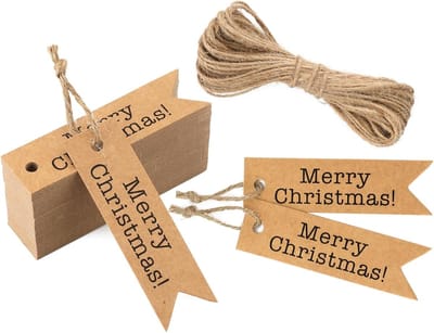 Merry Christmas Cadeautags - 100 Stuks Bruine Kraft Papieren Labels met Touw, Perfect voor Kerstmis en Feestelijke Verpakkingen