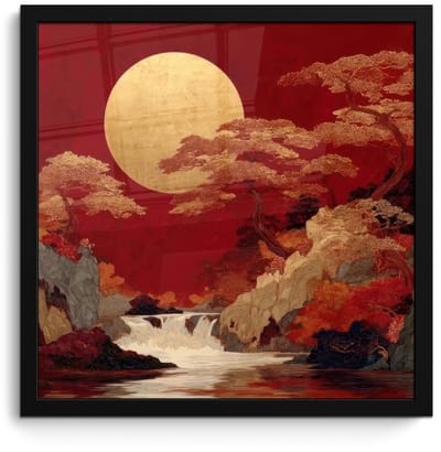 Poster in lijst - Fotolijst 40x40 cm - Posters - Volle maan - Landschap - Waterval - Posterlijst zwart - Decoratie - Wanddecoratie woonkamer - Muurdecoratie slaapkamer