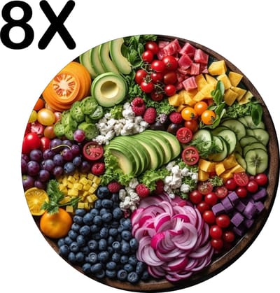 Luxe Ronde Placemat - Groente en Fruit in Kleine Stukjes - Set van 8 Placemats - 50x50 cm - 2 mm dik Vinyl - Anti Slip - Afneembaar