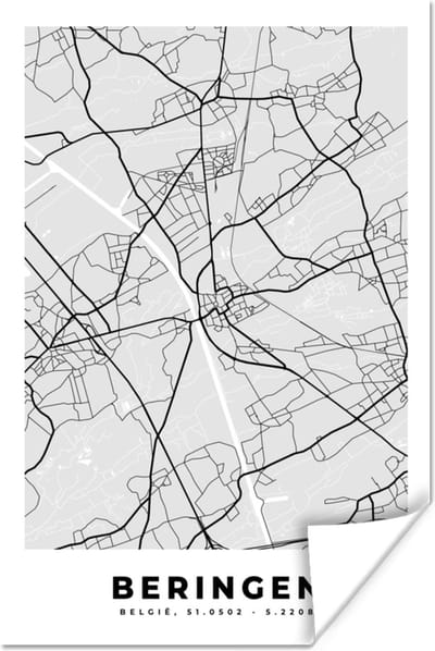 Poster Zwart Wit – België – Plattegrond – Stadskaart – Kaart – Beringen - 120x180 cm XXL