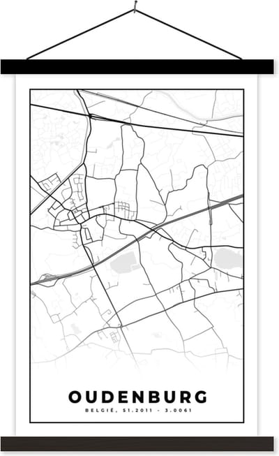 Posterhanger incl. Poster 40x60 cm - Schoolplaat - Zwart Wit – België – Plattegrond – Stadskaart – Kaart – Oudenburg - Textielposter - Zwarte latten - Stadskaart