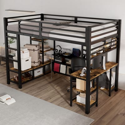 Stapelbed - 120x200 cm - Met Bureau En Planken Lattenbodem - 4 Treden Ladder - Metaal - Zwart