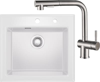 CECIPA Max Spoelbak Wit 55x50CM - Keramische Spoelbakken Keuken - Enkele Spoelbak Met Keukenmengkraan - Spoelbakken Incl. Sifon en Afvoerzeefje