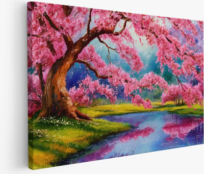 Saammp Muurcirkel Hout - Boom met roze bloesem - Bloemen - abstract - Ø 90 - Wandcirkel - Wanddecoratie Cirkel - Muurdecoratie Woonkamer - Kantoor Decoratie