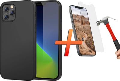 Hoesje geschikt voor iPhone 12 PRO MAX back cover - zwart siliconen hoesje - matte coating - 1X tempered glass screenprotector - EPICMOBILE