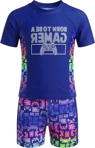 Set van 2 jongens zwemkleding met korte mouwen, sneldrogende zwemshorts en UV-bescherming voor kinderen van 5-14 jaar