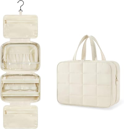Hangende toilettas voor dames en heren - Grote opvouwbare toilettas met haken - Reis-sieradenorganizer - Beige