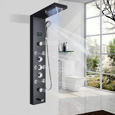 Douchepaneel zwart - LED-systeem - Regendouche - Digitaal display - Spajets - Douchecombinatieset